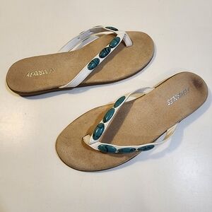AEROSOLES White and Teal Embellished Beachy  Sandals Size 8.5